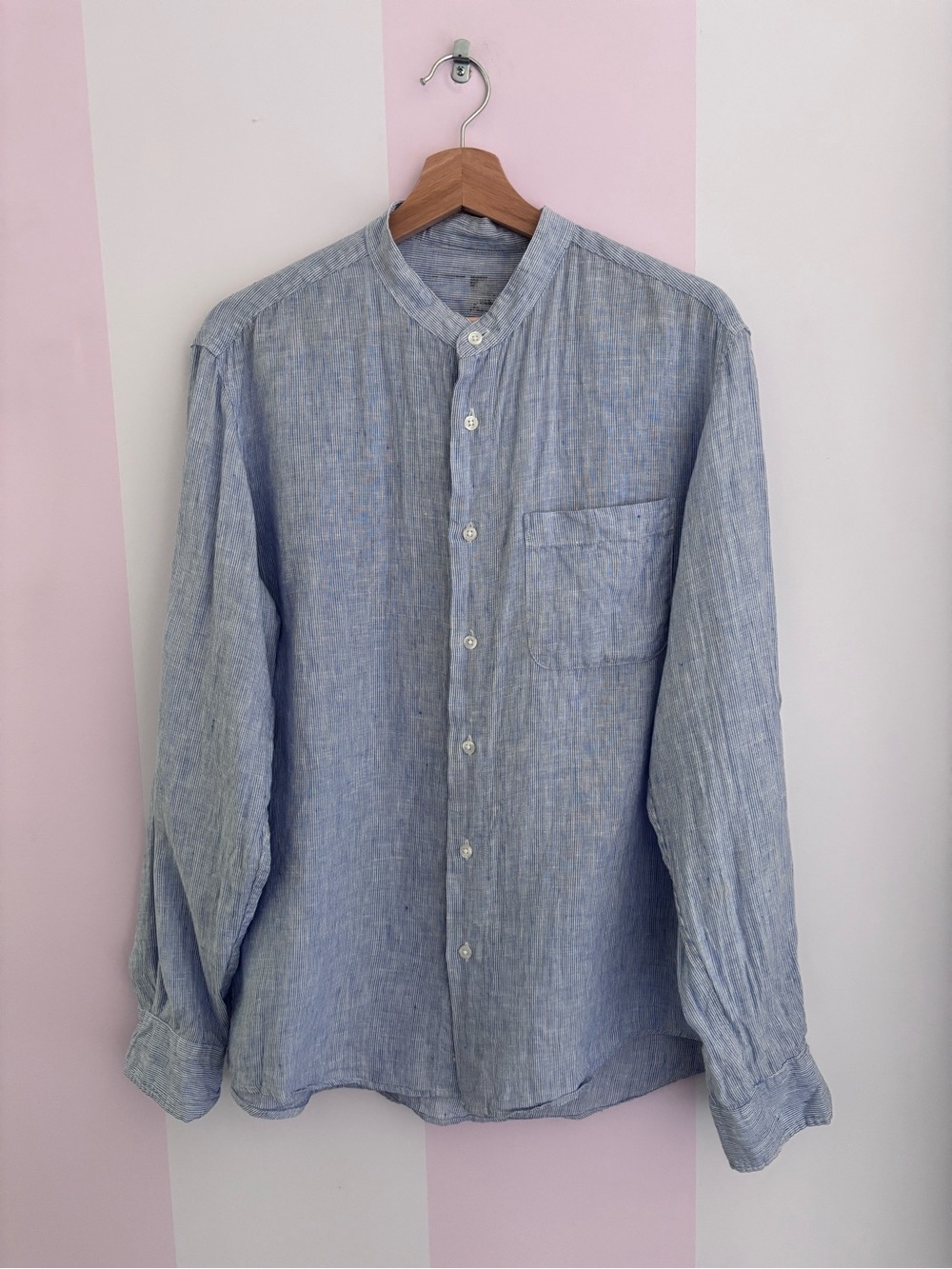 Muji Light Blue Linen standup Collar Button-Up Shirt